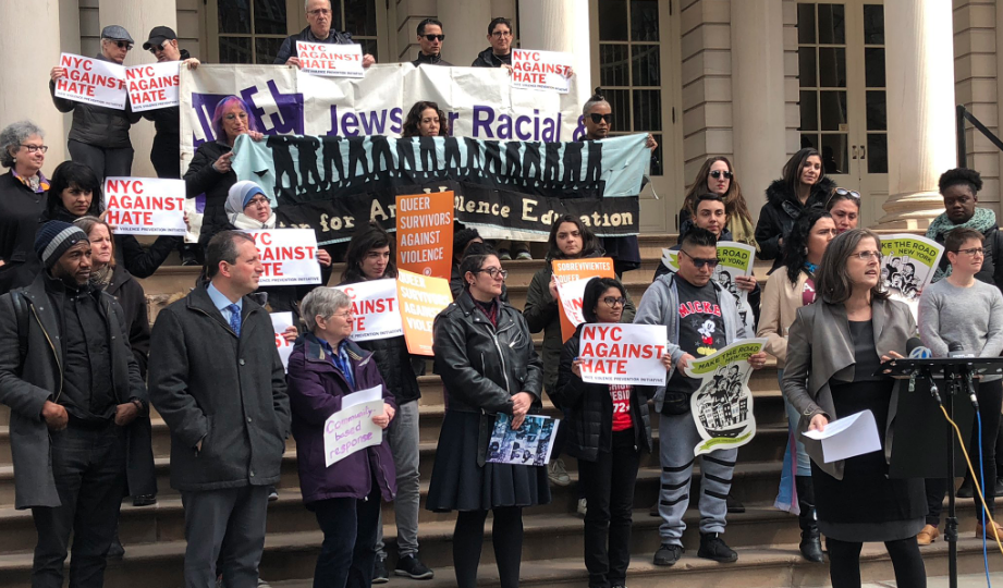 Brad Lander and Helen Rosenthal speaking to the crowd