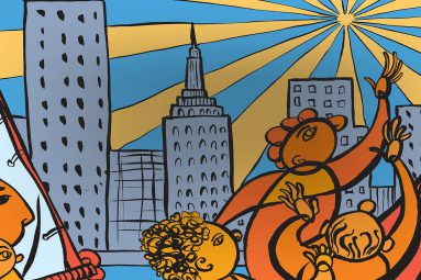 Illustration of people reaching towards a bright sun above the NYC skyline